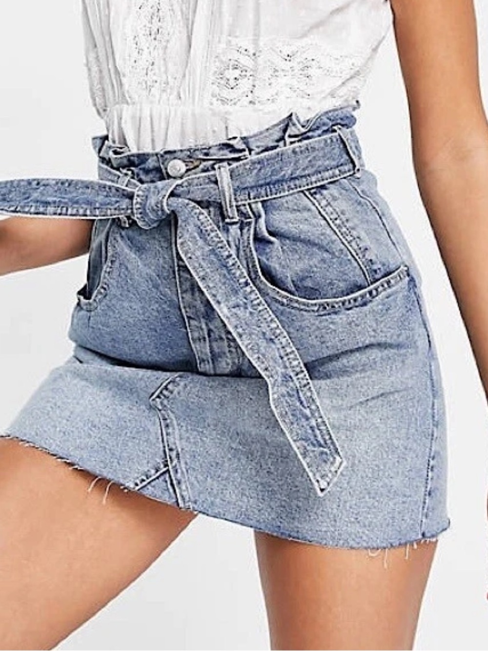We The Free Light Blue Denim Paperbag Mini Skirt with Self Tie Size 26